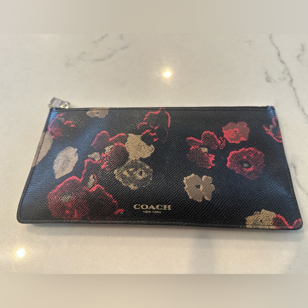 Vintage Coach Kylie flat wallet in black, gold and red floral.